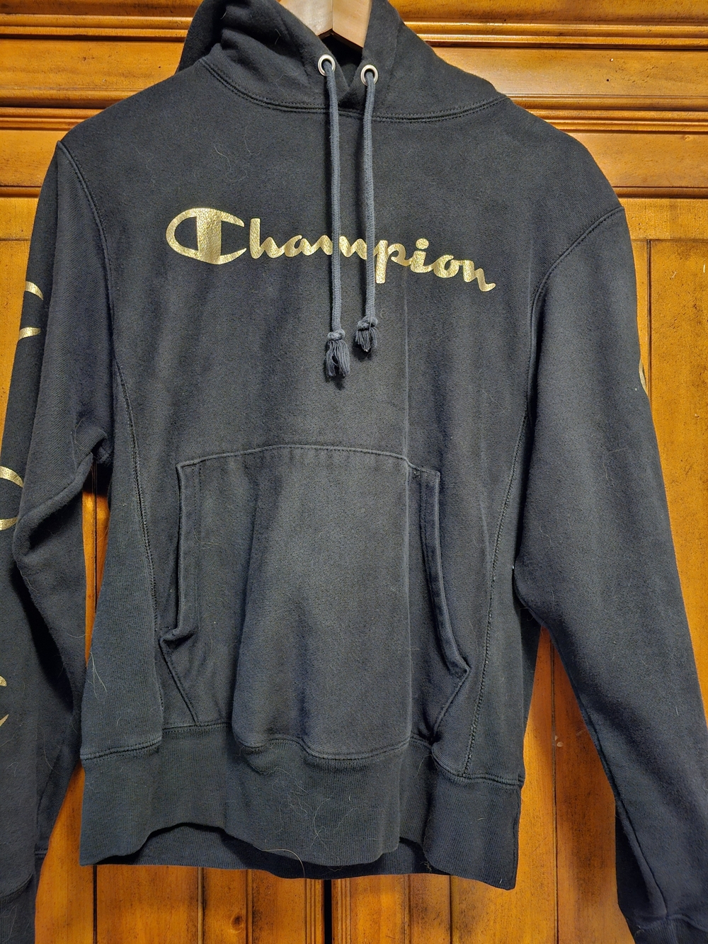 Champion Reverse Weave Black & Metallic Gold Foil Script Hoodie - MINT Mens Smal